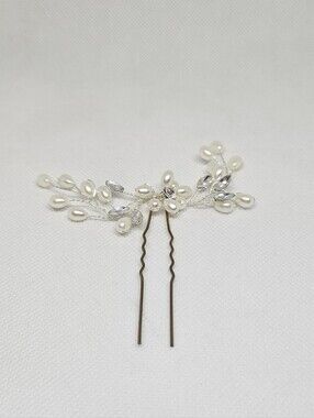 Faux Pearl Rhinestone Bridal Hair Pin Silver Tone Wedding Hairpiece